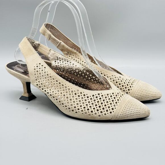 Jeffrey Campbell Shoes Womens 8.5 Beige Suede Slingback Perforated Kitten Heels - Picture 2 of 13